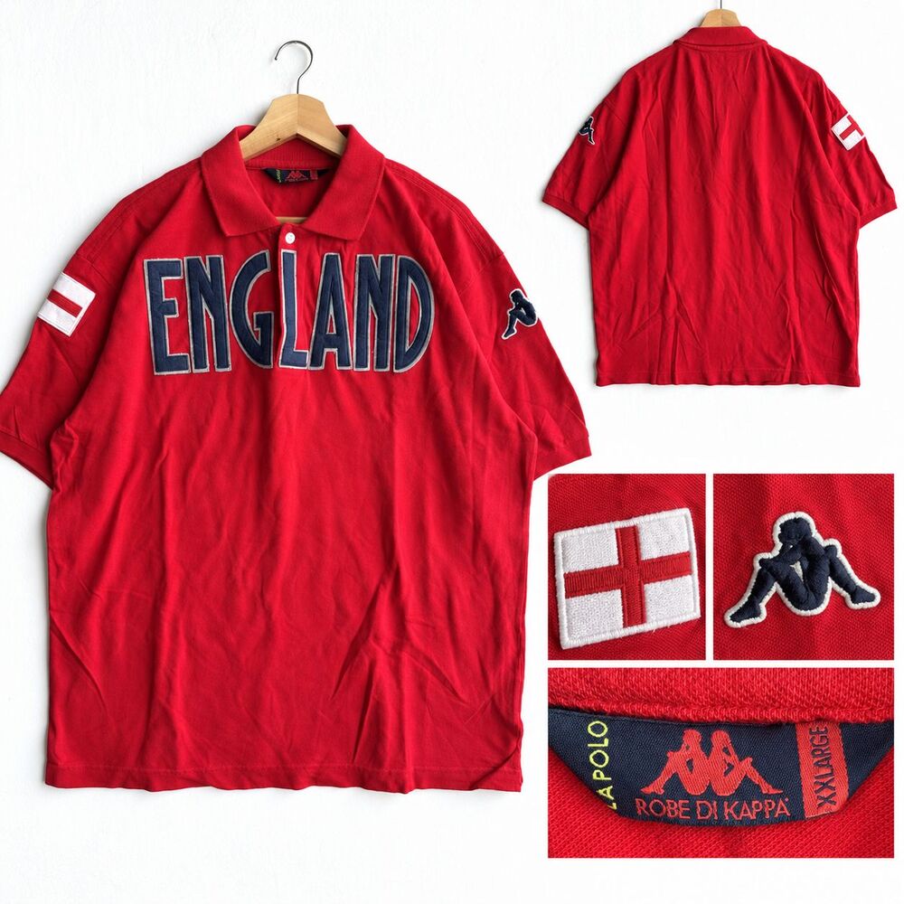 VTG Kappa England Polo Shirt Mens 2XL Red Robe Di Kappa LA POLO Soccer Crest